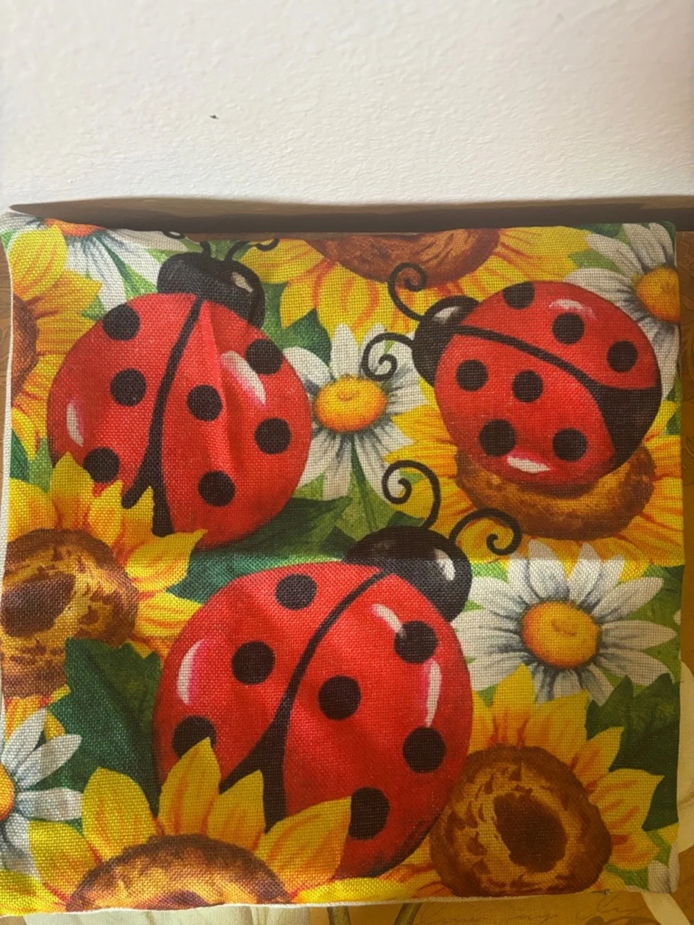 Ladybugs and Sunflowers Throw Pillow Cover 15”X15”